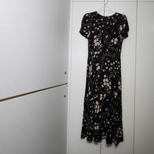 Madewell Black Floral Midi Short Puff Sleeves Dress Size 4